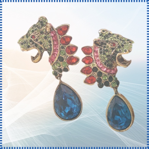 Leopard Head Drop Earrings 14K Gold Plated - Rhinestones and Faux Blue Crystals - Picture 9 of 9